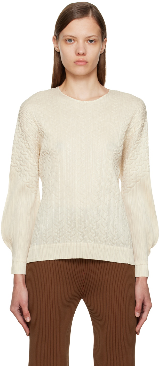 Pleats Please Issey Miyake Beige Cable Stitch Sweater Pleats Please ...