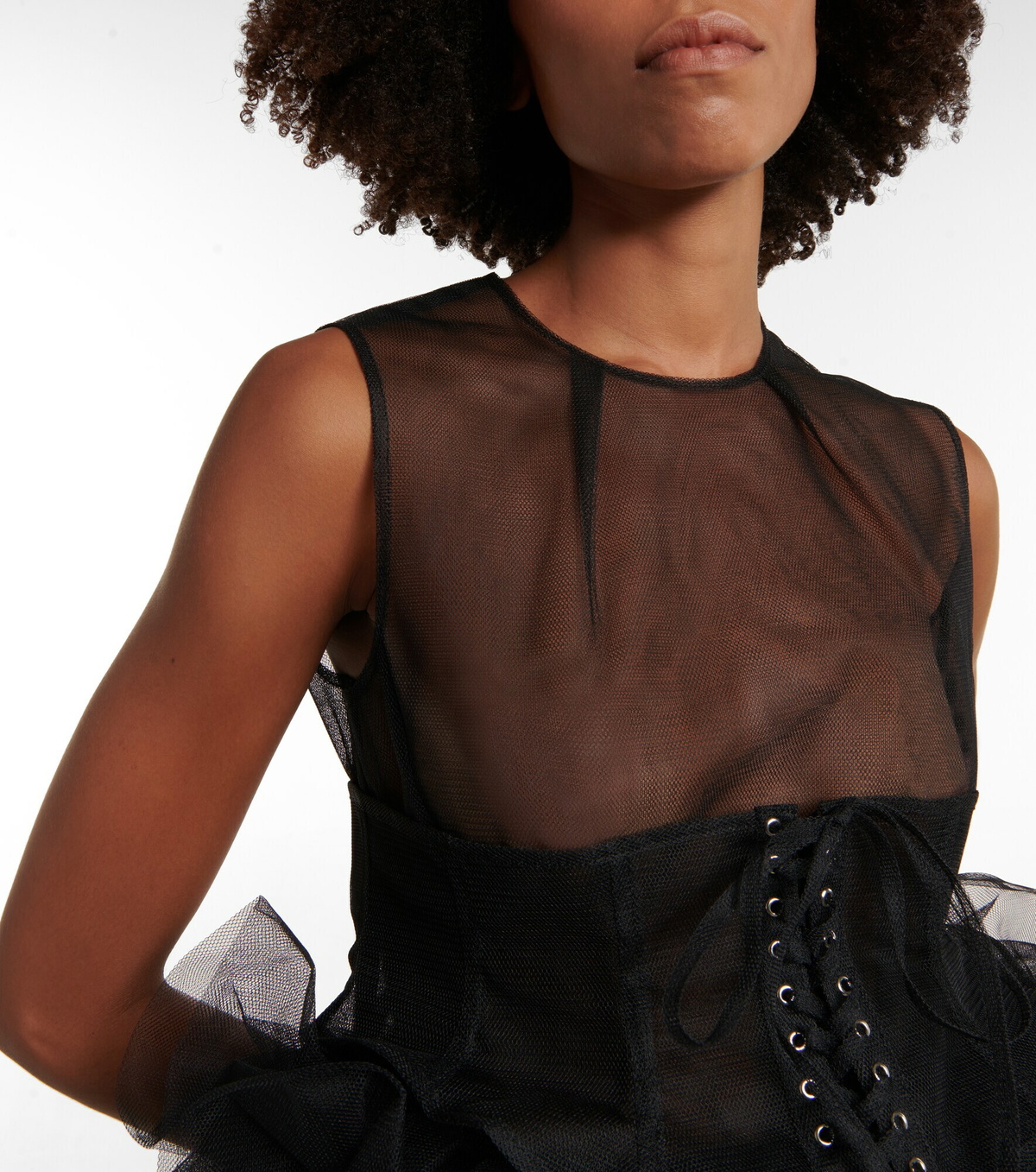 トップス noir kei ninomiya leather frill corset Noir Kei Ninomiya - Corset ruffled tulle midi dress Noir Kei Ninomiya