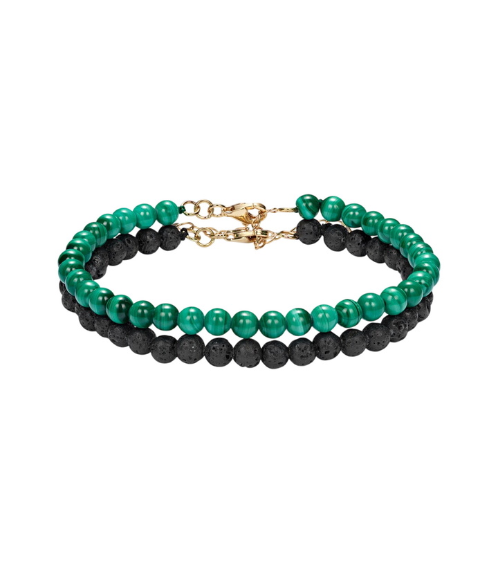 Photo: Mateo Set of 2 14kt gold beaded bracelets with malachite and lava rock