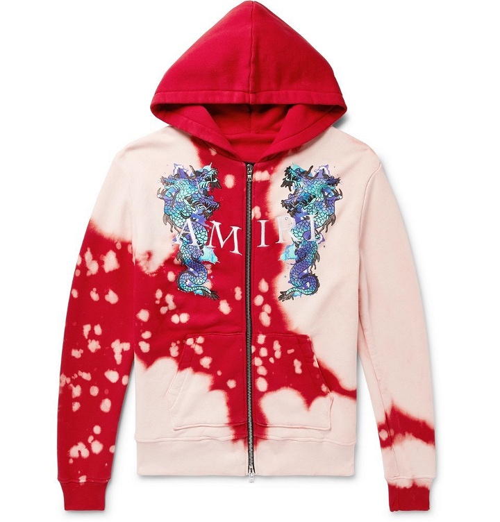 Photo: AMIRI - Logo-Embroidered Printed Loopback Cotton-Jersey Zip-Up Hoodie - Red