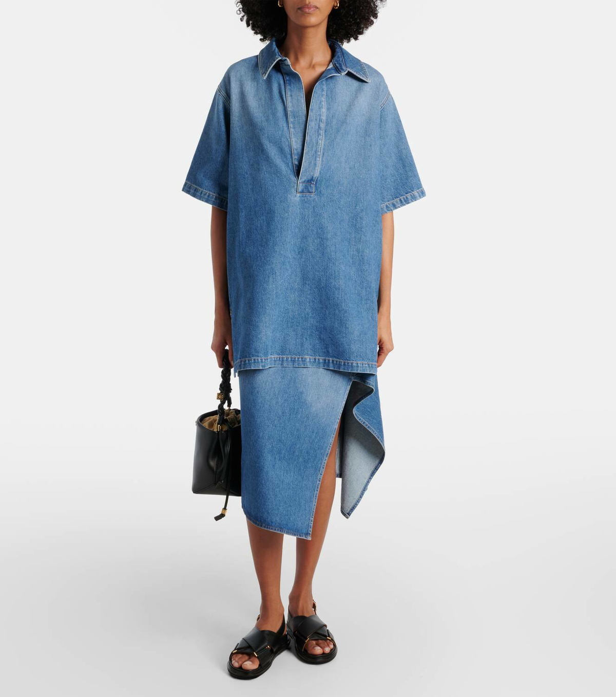 Plan C Asymmetric denim midi skirt