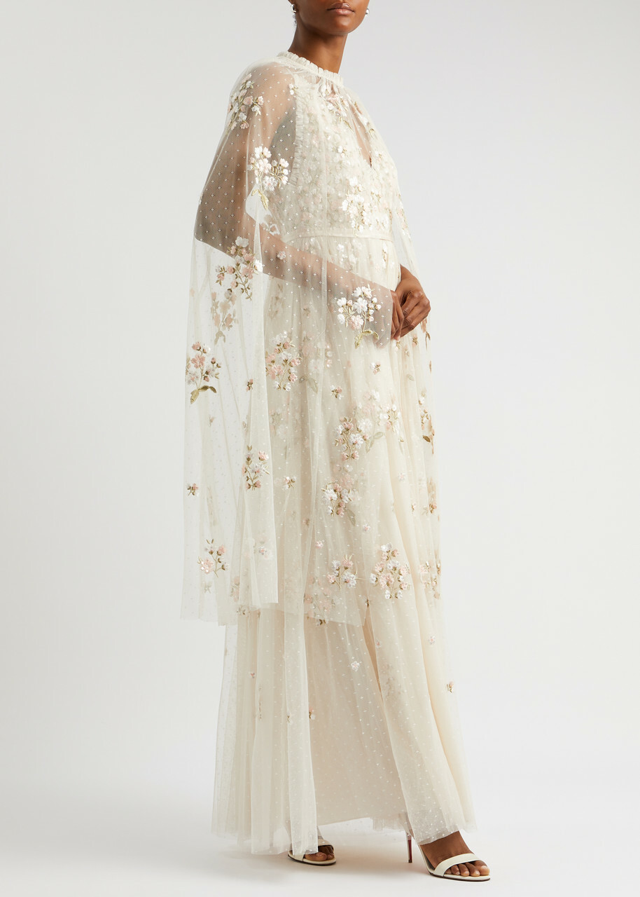 Needle & Thread Posy Floral-embroidered Tulle Cape Cream