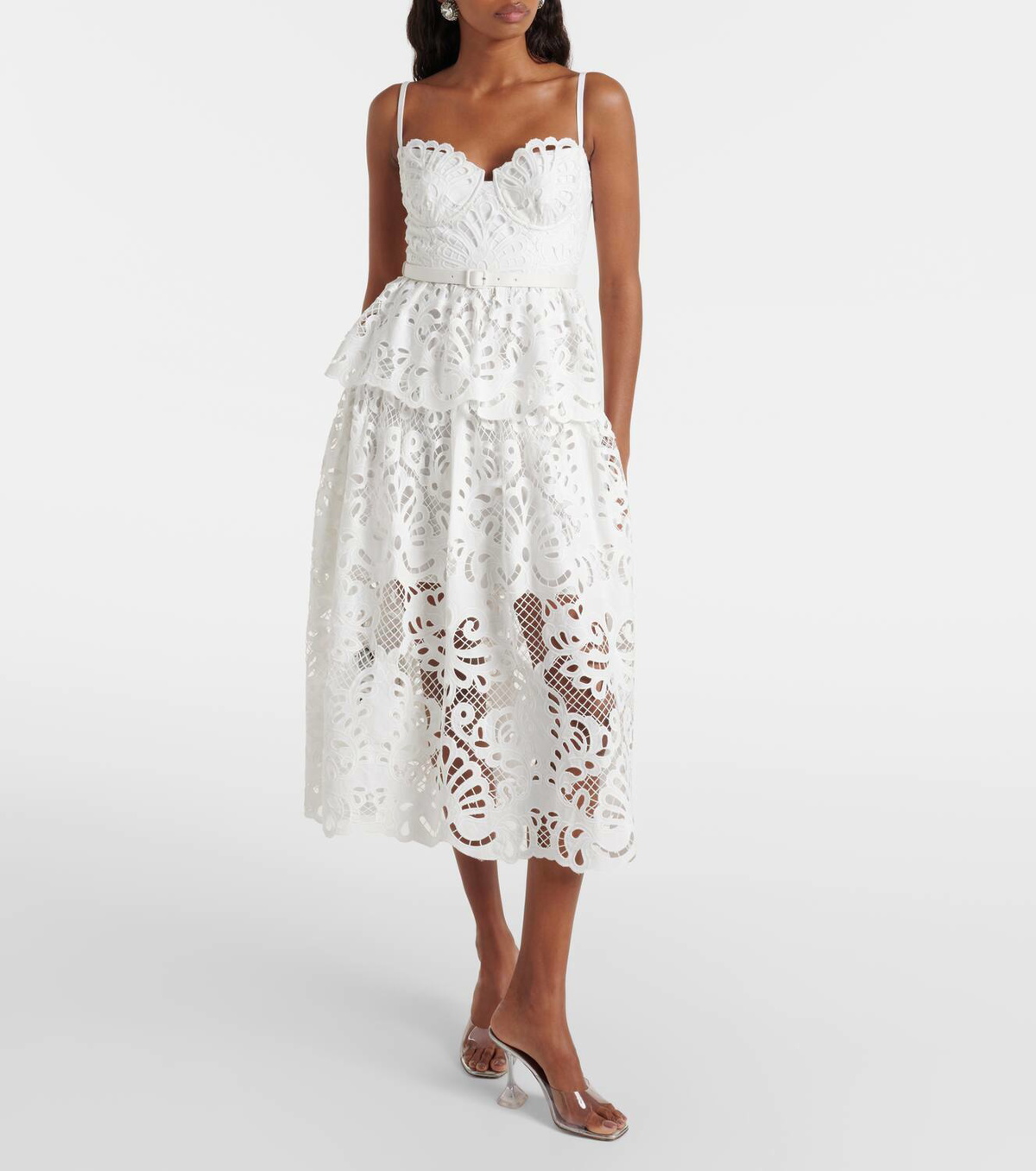 【SELF PORTRAIT】Ivory Cotton Lace Midi Dress self-portrait Self Portrait Ivory Cotton Lace Diamante Trim