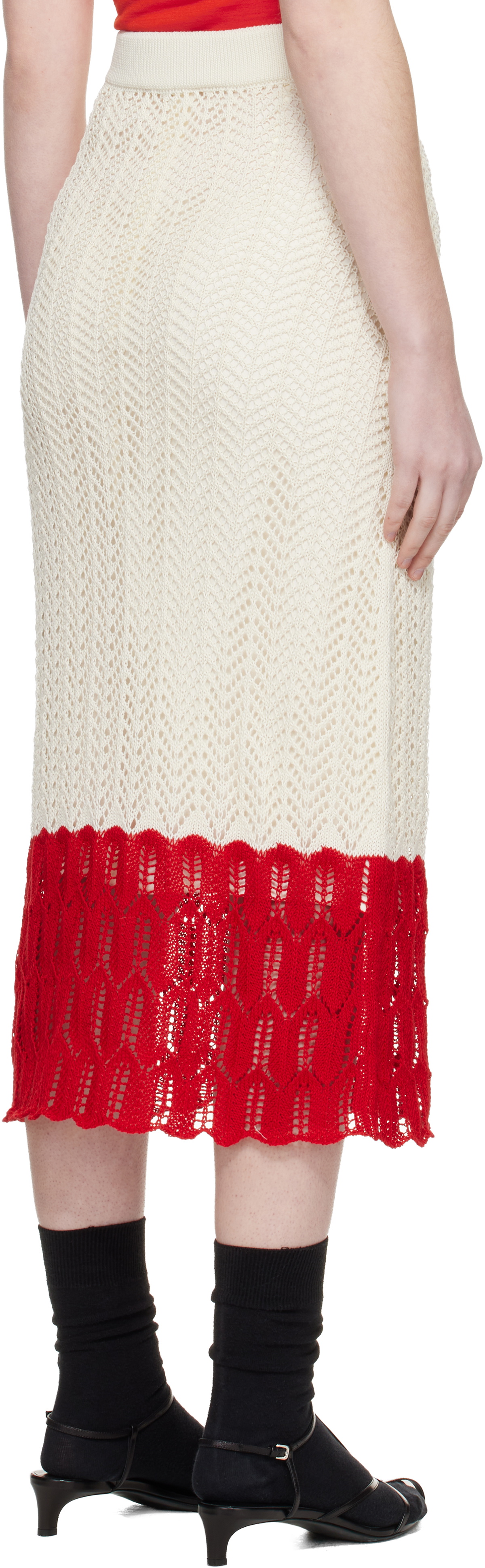 Jil Sander Off-White & Red Bicolor Lace Midi Skirt