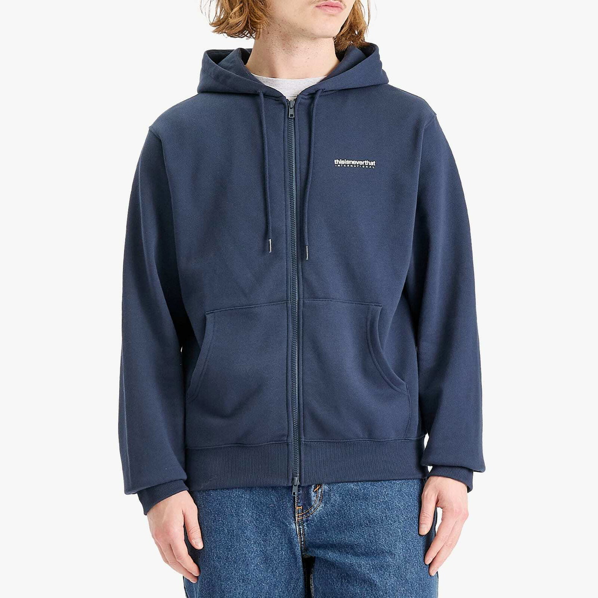 【THISISNEVERTHAT】INTL. Logo Zip Up Hoodie Navy thisisneverthat Men's Intl. Logo Zip Up Hoodie in Navy