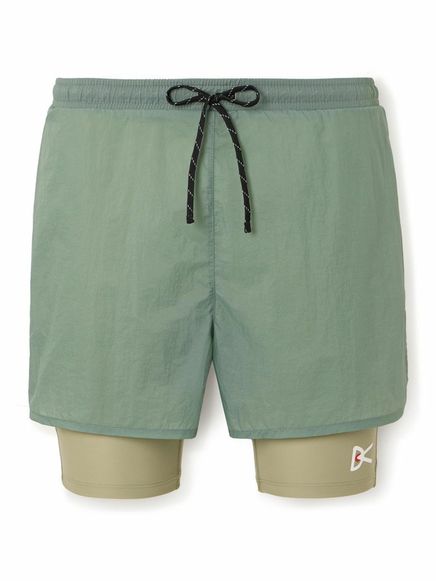 Photo: DISTRICT VISION - Straight-Leg Layered Logo-Print Stretch-Jersey and Shell Drawstring Shorts - Green