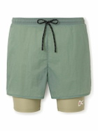 DISTRICT VISION - Straight-Leg Layered Logo-Print Stretch-Jersey and Shell Drawstring Shorts - Green