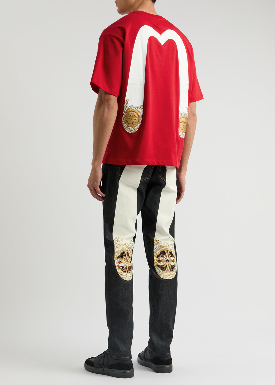 Evisu Daicock and Kamon Printed Cotton T-shirt Dark Red