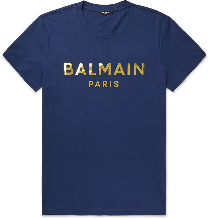 Photo: Balmain - Slim-Fit Metallic Logo-Print Cotton-Jersey T-Shirt - Blue
