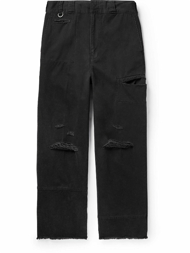 Photo: UNDERCOVER - Straight-Leg Cropped Distressed Cotton-Drill Trousers - Black