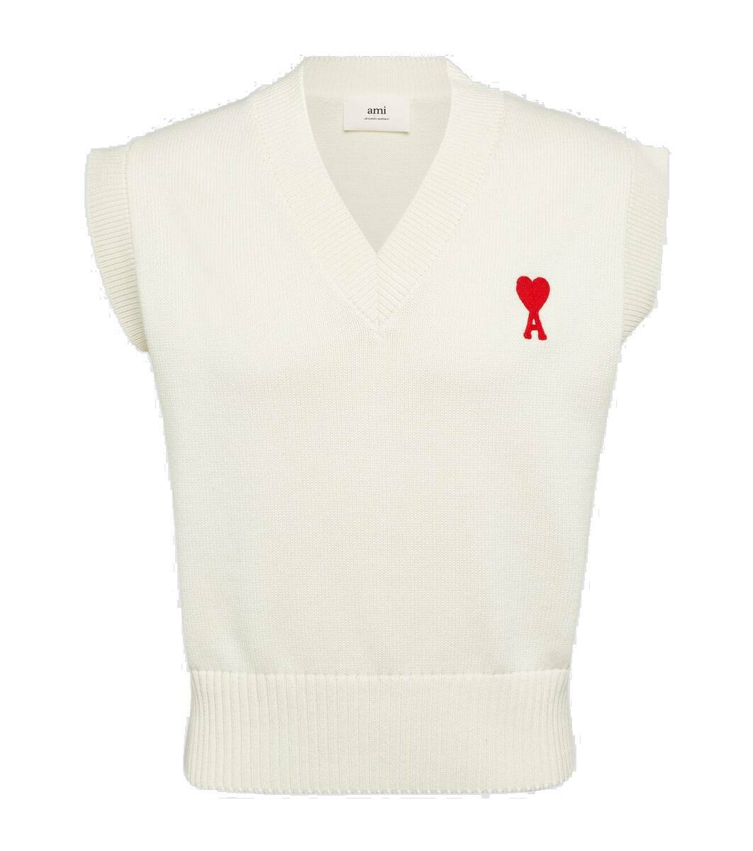 Ami Paris Cream V Neck Sweater Vest Ami Paris Logo Cotton And Wool