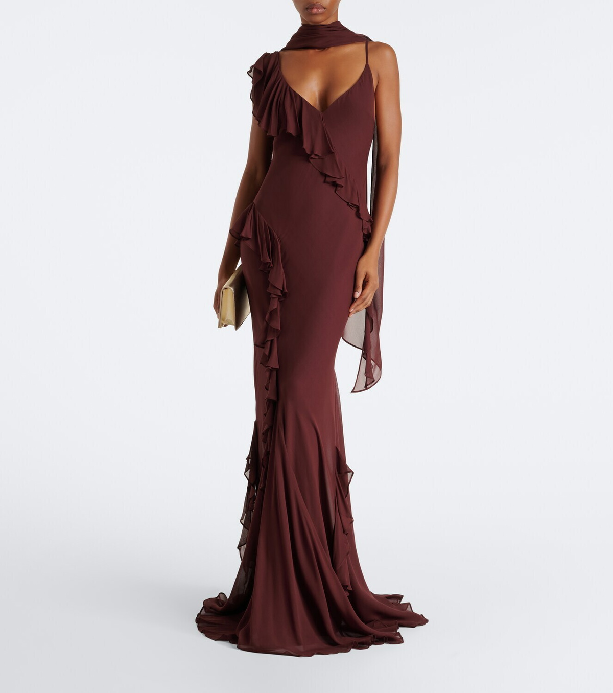 De La Vali Mayara ruffled scarf-detail georgette gown