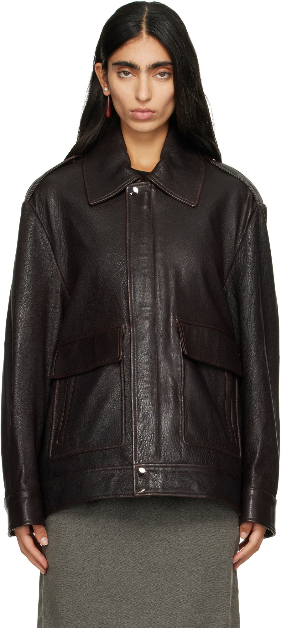 Nour Hammour Brown Drey Leather Bomber Jacket