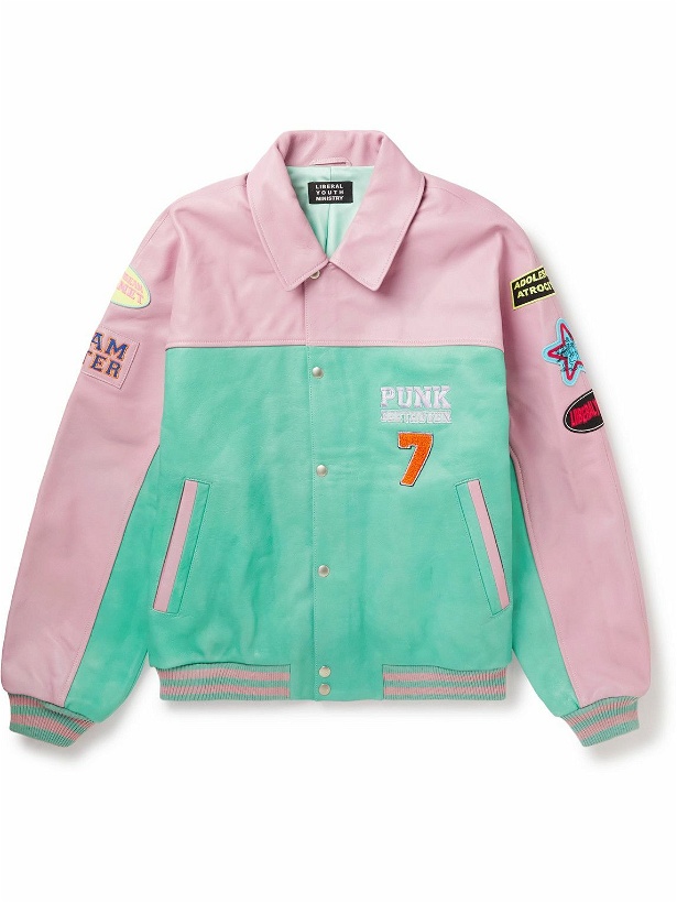 Photo: Liberal Youth Ministry - Embellished Colour-Block Leather Varsity Jacket - Pink