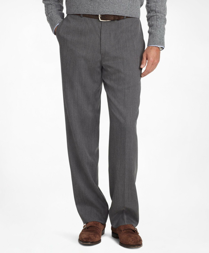 Photo: Brooks Brothers Men's Madison Fit Flat-Front Classic Gabardine Trousers | Light Grey