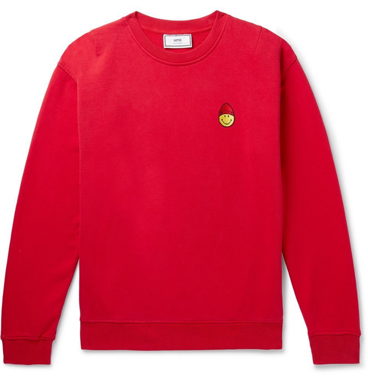 Photo: AMI - The Smiley Company Logo-Appliquéd Loopback Cotton-Jersey Sweatshirt - Red