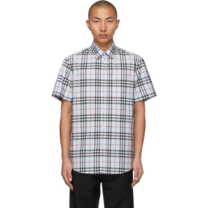 Photo: Burberry Blue Poplin Check Logo Applique Short Sleeve Shirt