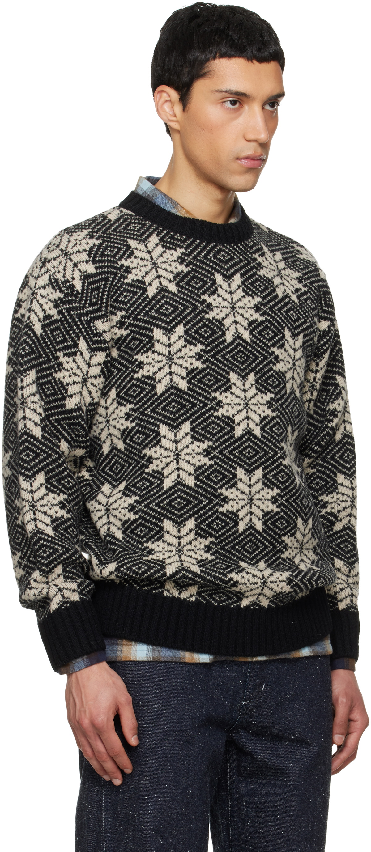 South2 West8 Black Crew Neck Snowflakes Sweater