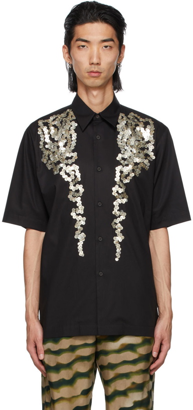 Photo: Dries Van Noten Black Poplin Sequinned Short Sleeve Shirt