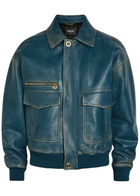 Versace Logo-embossed Distressed Leather Jacket Blue