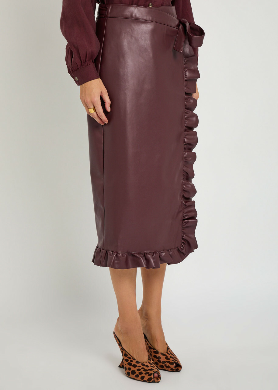 Never Fully Dressed Jaspre Ruffled Faux Leather Midi Wrap Skirt Red