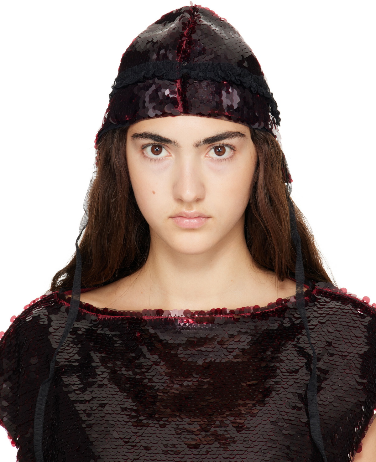 Simone Rocha Burgundy Sequin Bonnet