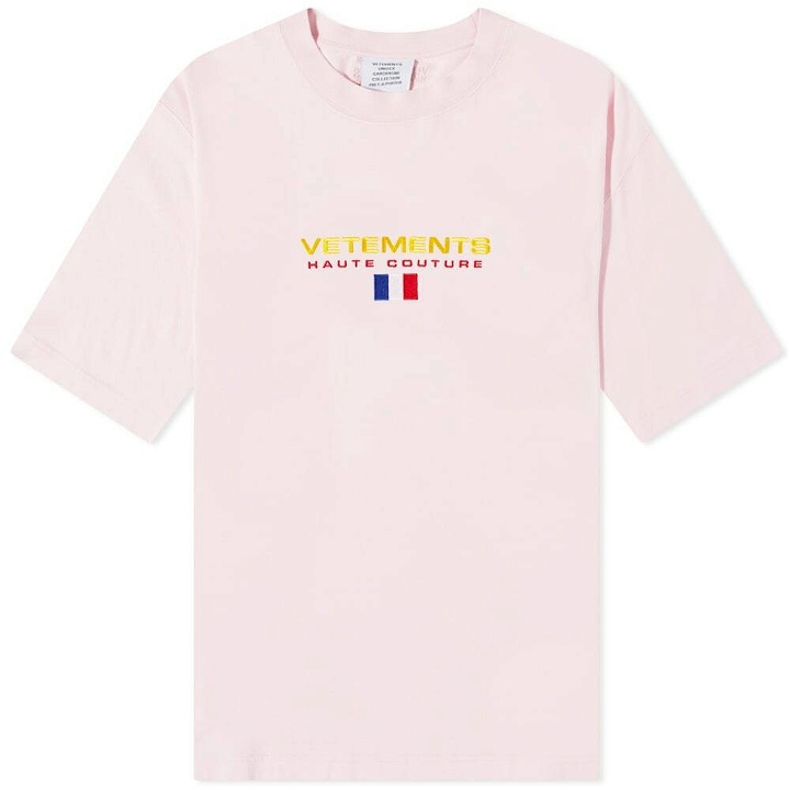 Photo: VETEMENTS Men's Haute Couture Logo T-Shirt in Baby Pink