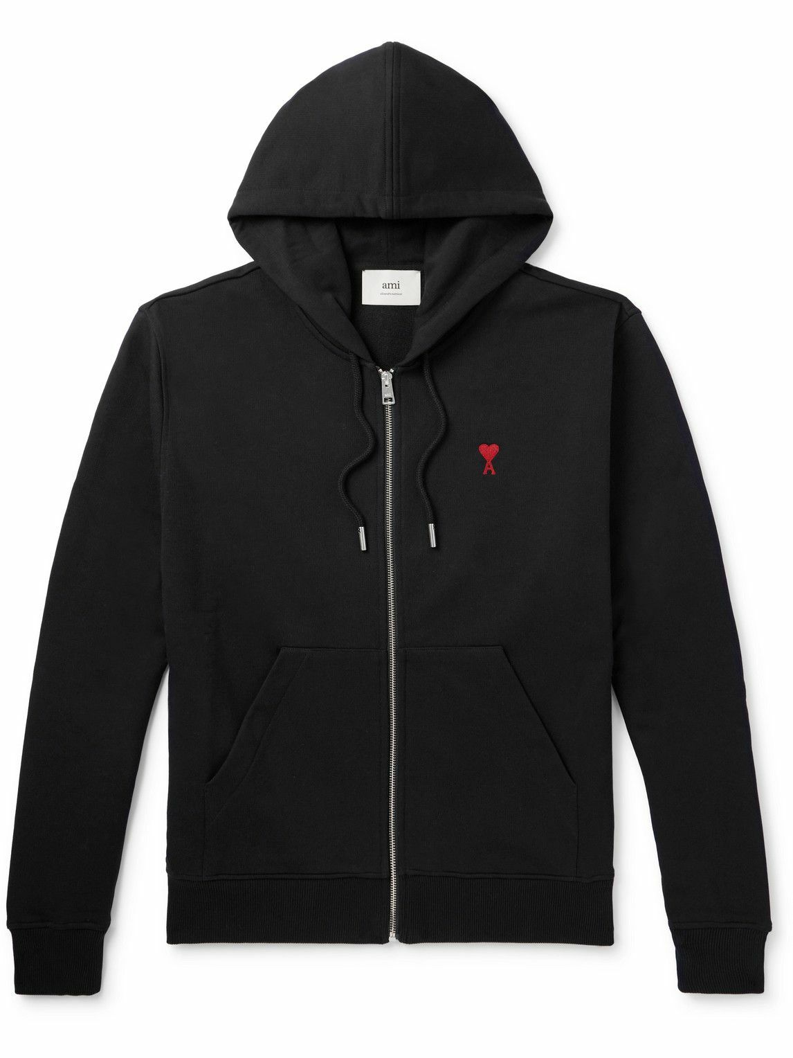 AMI PARIS Logo Embroidered Organic Cotton Jersey Hoodie Black AMI