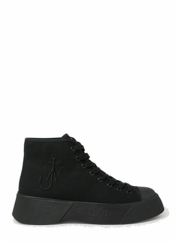 Photo: JW Anderson - Logo Embroidered High Top Sneakers in Black