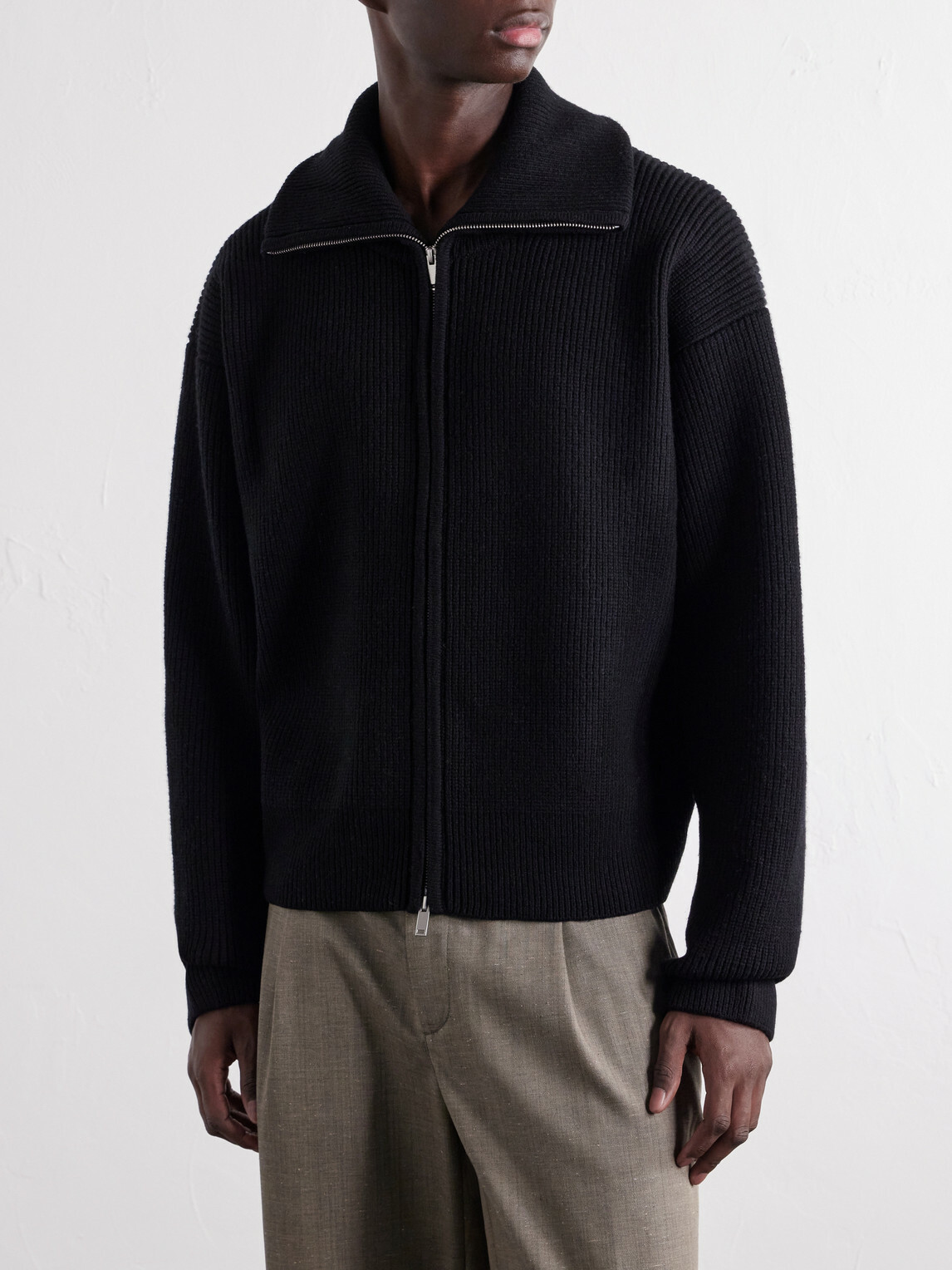 Studio Nicholson - Ribbed-Knit Merino Wool Zip-Up Cardigan - Black