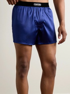 TOM FORD - Velvet-Trimmed Stretch-Silk Satin Boxer Shorts - Blue