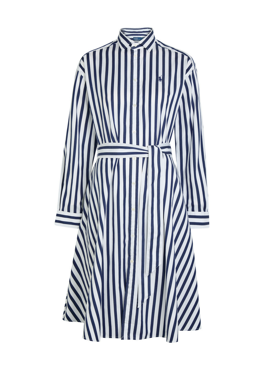 Polo Ralph Lauren Logo-embroidered Striped Cotton-poplin Midi Shirt Dress Blue