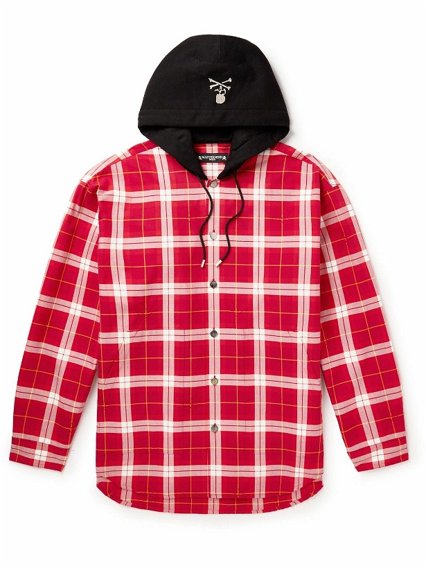 Photo: Mastermind World - Logo-Embroidered Checked Cotton Hooded Shirt - Red