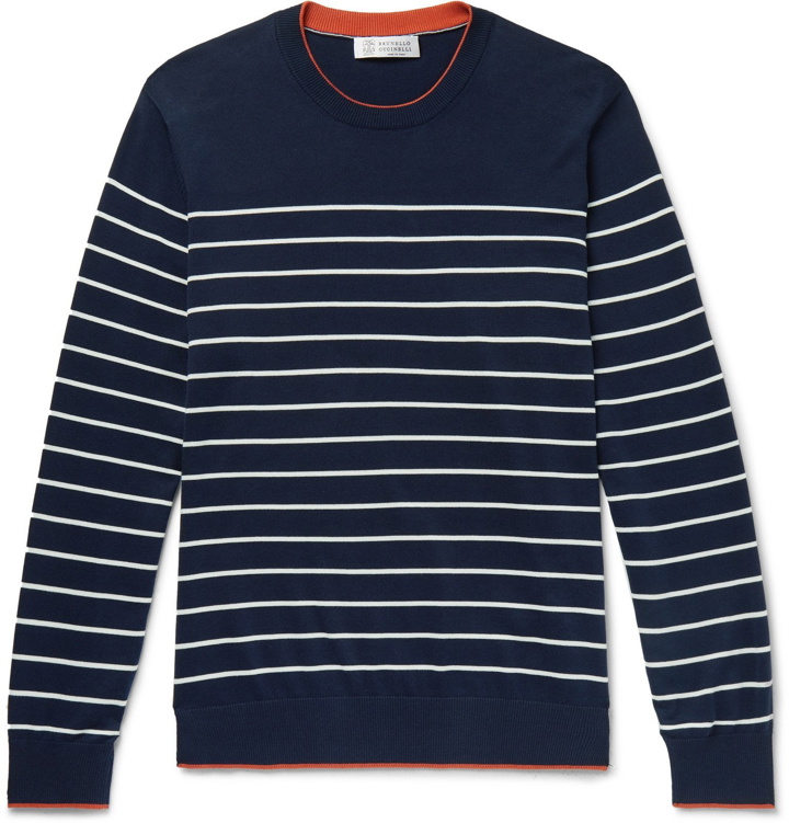 Photo: Brunello Cucinelli - Contrast-Tipped Striped Cotton Sweater - Blue