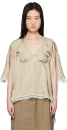 Pushbutton Beige Bra Point Square Blouse