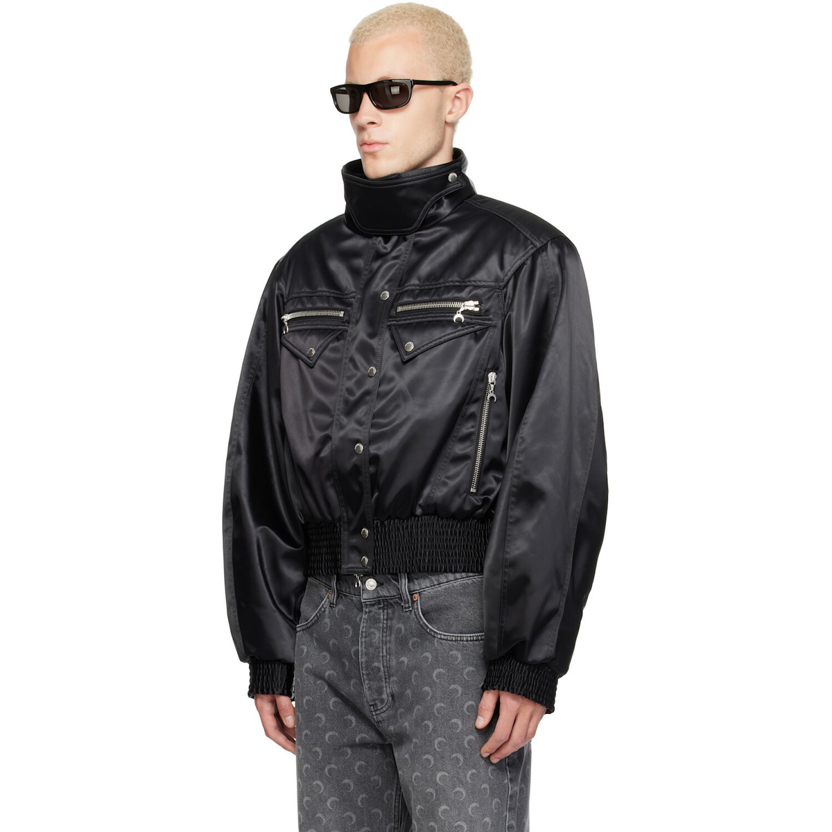 Marine Serre Black Satin Nylon Bomber Jacket
