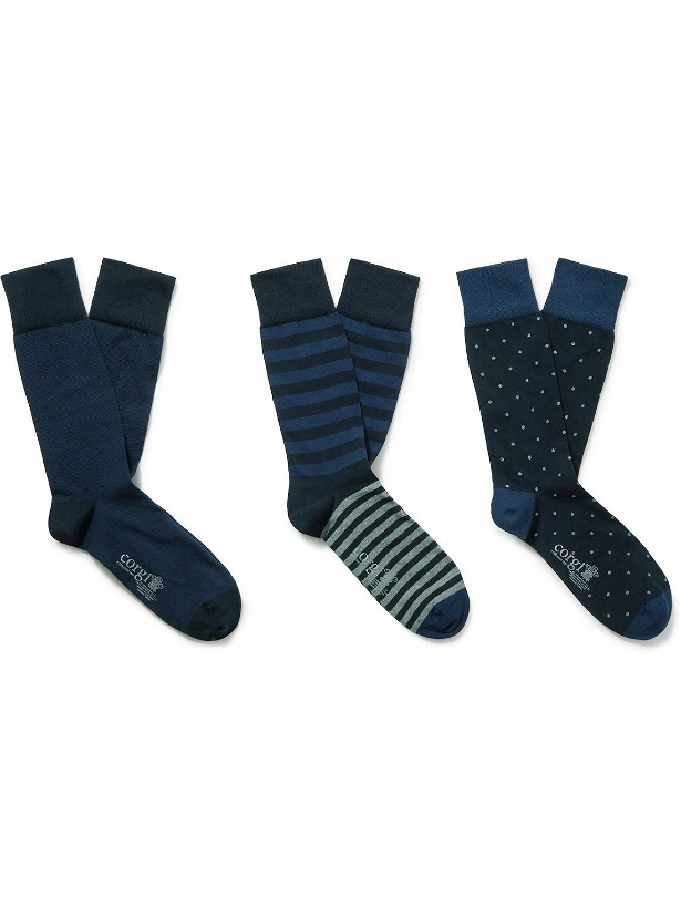 Photo: Kingsman - Set of Three Jacquard-Knit Cotton-Blend Socks - Blue