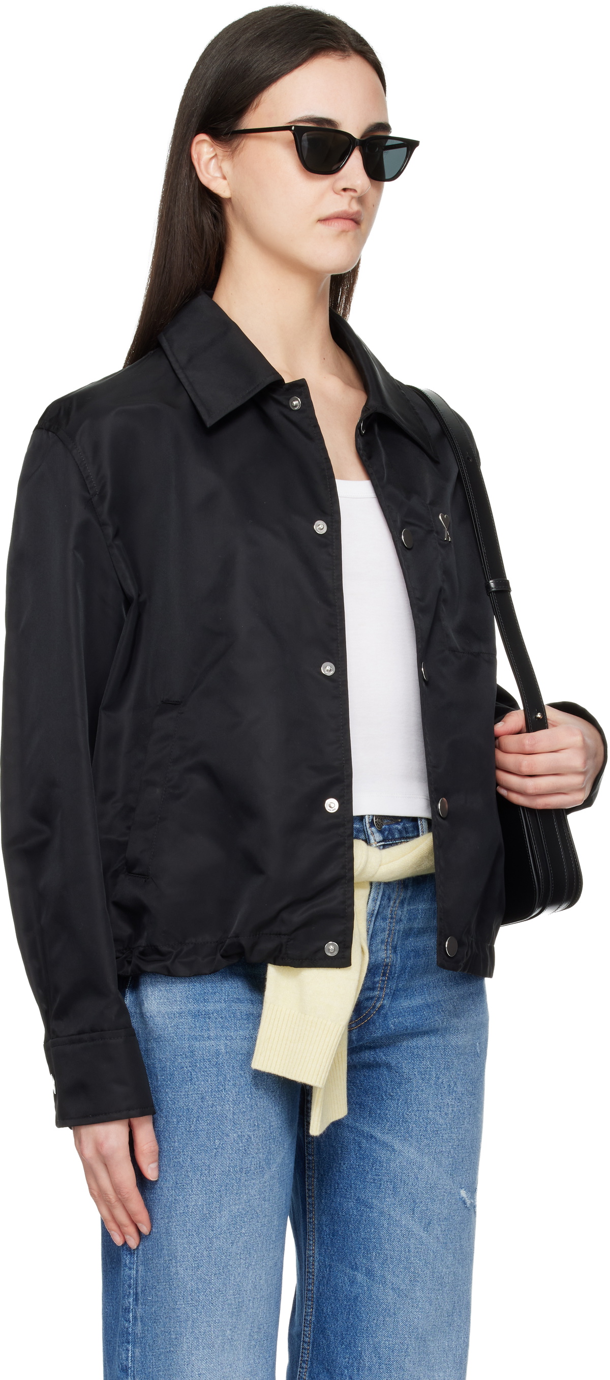 AMI Paris Black Nylon 'Ami De Coeur' Stud Buttoned Jacket