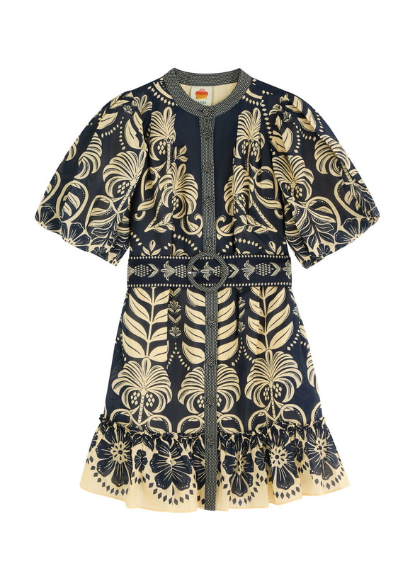 Photo: Farm Rio Anika Printed Belted Cotton-blend Mini Shirt Dress Dark Blue