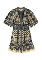 Farm Rio Anika Printed Belted Cotton-blend Mini Shirt Dress Dark Blue
