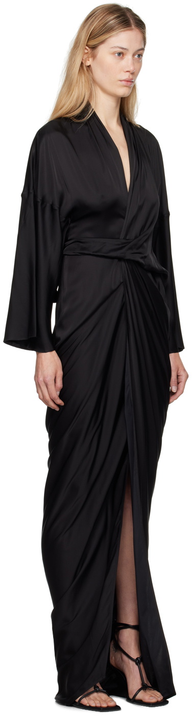 maxi black wrap dress Elegant Mock Neck Black Satin Wrap Tie-Up Open Back Maxi Dress L / Black