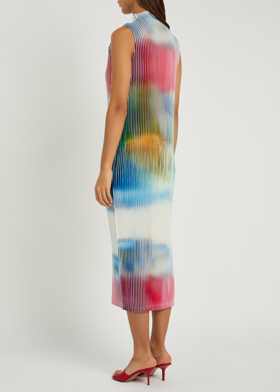 Issey Miyake Obscure Pleats Printed Woven Midi Dress Pink