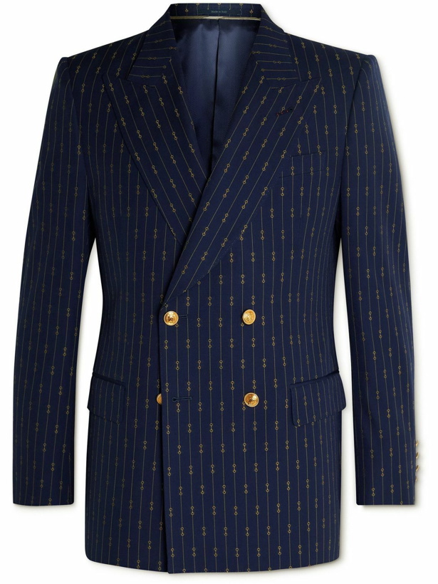 Photo: GUCCI - Double-Breasted Striped Wool-Twill Blazer - Blue