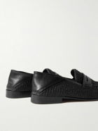Manolo Blahnik - Padstow Collapsible-Heel Leather-Trimmed Raffia Loafers - Black