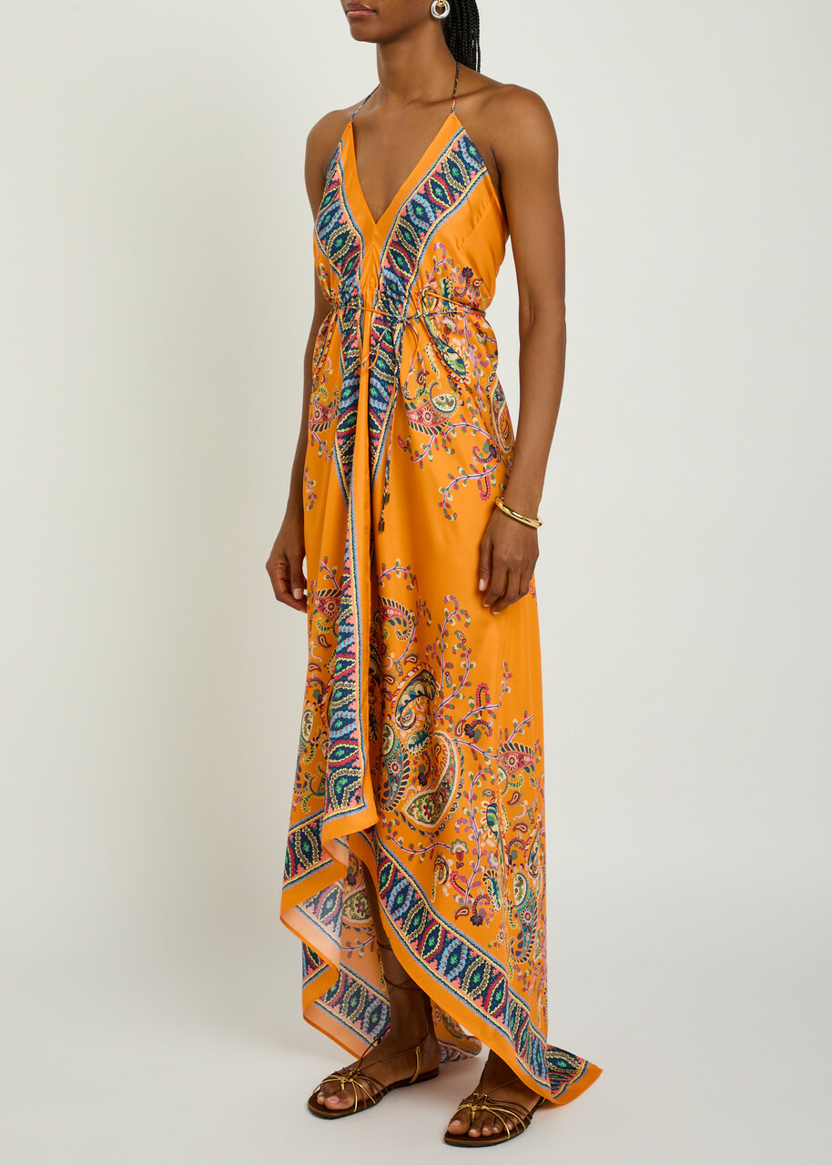 Etro Asymmetric Printed Silk Maxi Dress Orange
