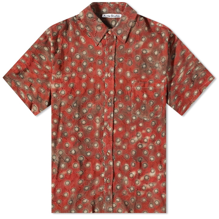 Photo: Acne Studios Men's Sambler Daisies Short Sleeve Shirt in Dark Red/Grey