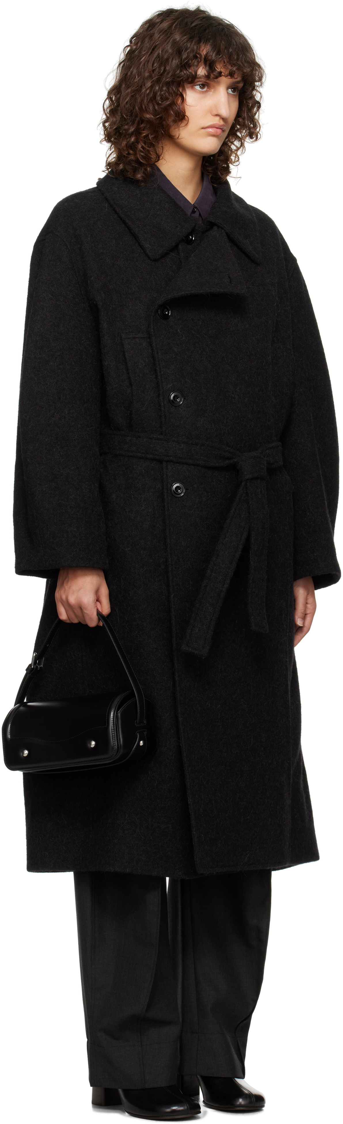 LEMAIRE Black Asymmetrical Bathrobe Coat Lemaire