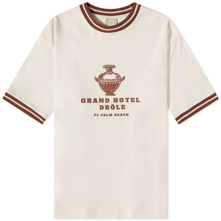 Photo: Drole de Monsieur Men's Drôle de Monsieur x Gergei Erdei Hotel Drole T-Shirt in Off White/Bordeaux