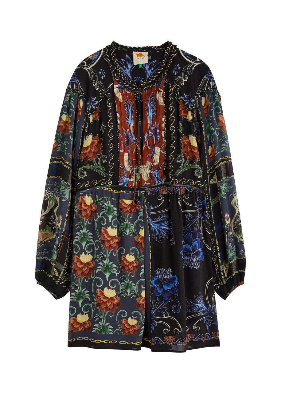 Farm Rio Patchwork-print Georgette Mini Dress Black