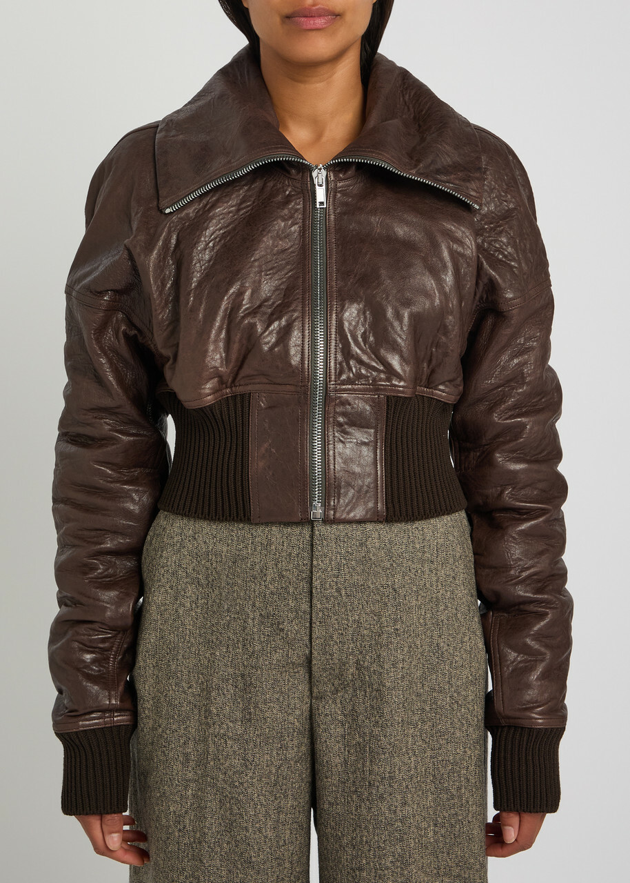 Rick Owens Dracuflight Cropped Leather Bomber Jacket Dark Brown